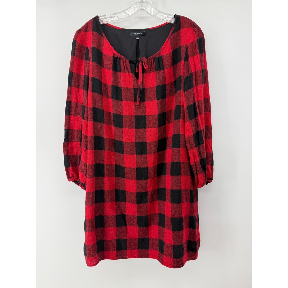 Madewell Buffalo Plaid Red Black Wool Blend Tie Neck Shift Mini Dress F8652 L